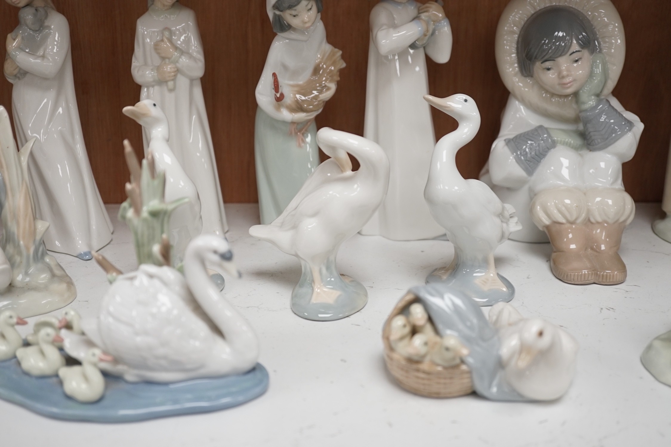 Lladro figurines, models of ducks and six Nao figurines and ducks and an unmarked model of ducks
